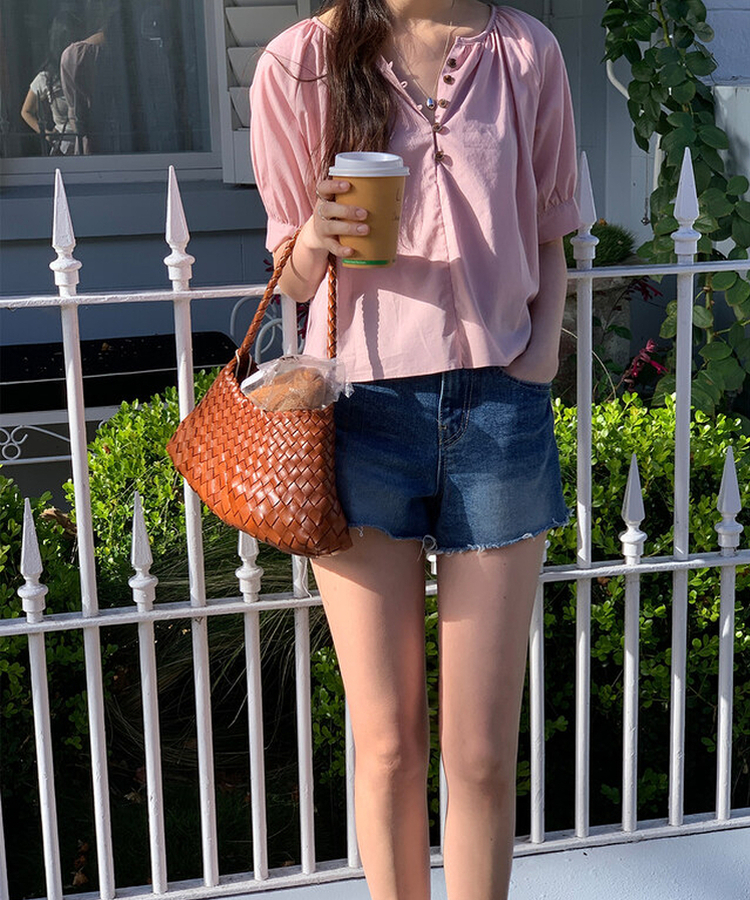 ボタンシャーリングパフ半袖ブラウス ROSE PINK