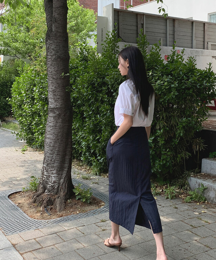 ボタンシャーリングパフ半袖ブラウス WHITE