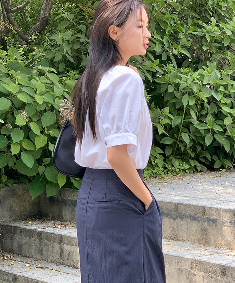 ボタンシャーリングパフ半袖ブラウス WHITE