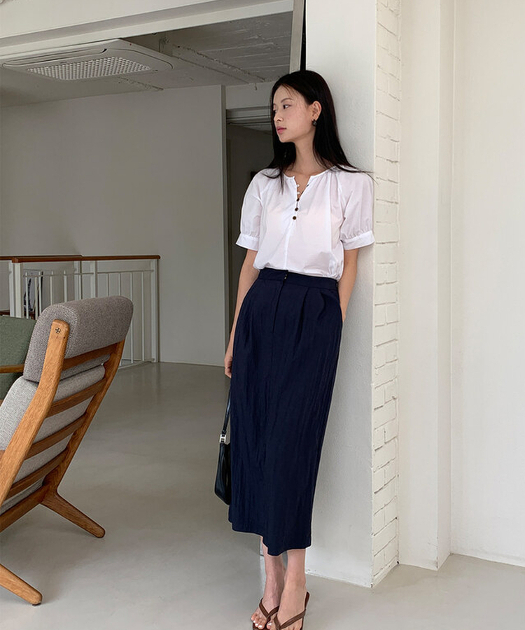 ボタンシャーリングパフ半袖ブラウス WHITE