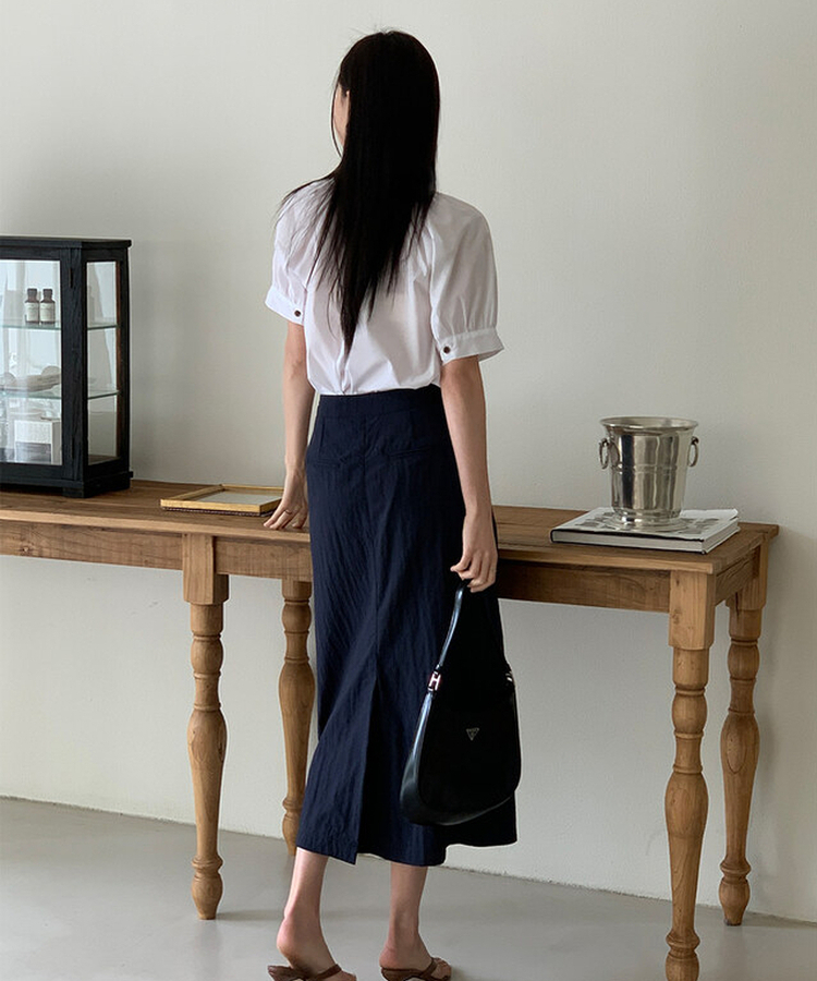 ボタンシャーリングパフ半袖ブラウス WHITE