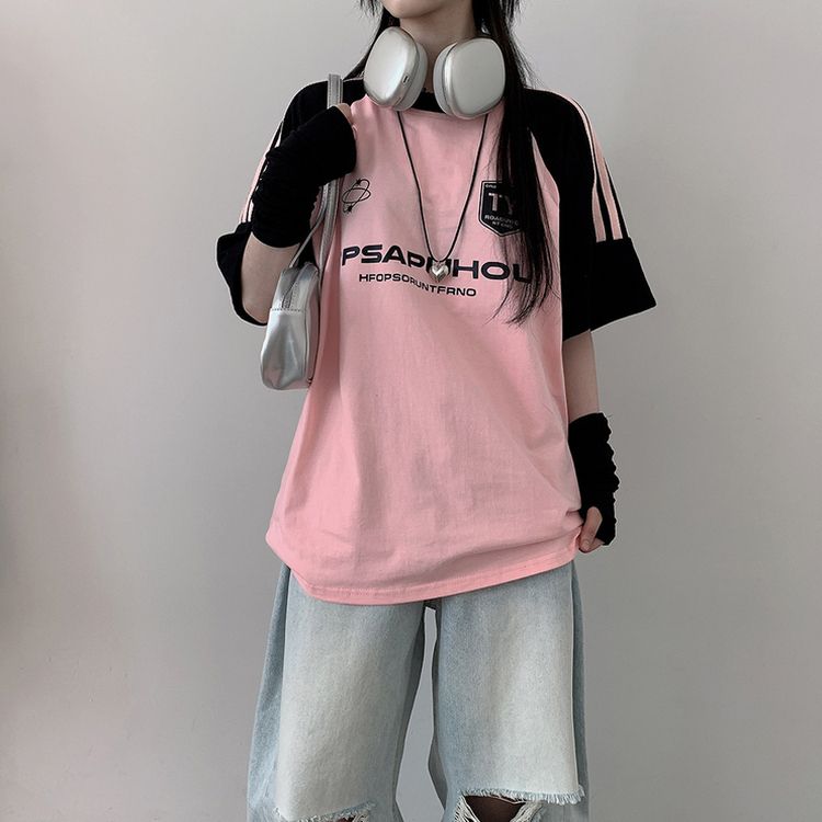 Fallett チェリー プリンティング オーバーフィット 半袖Tシャツ STS53529 オーバーフィット配色スポーティー半袖Tシャツ 半袖T