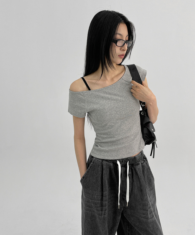 ミニブラグランワンショルダー半袖Tシャツ MELANGE GRAY