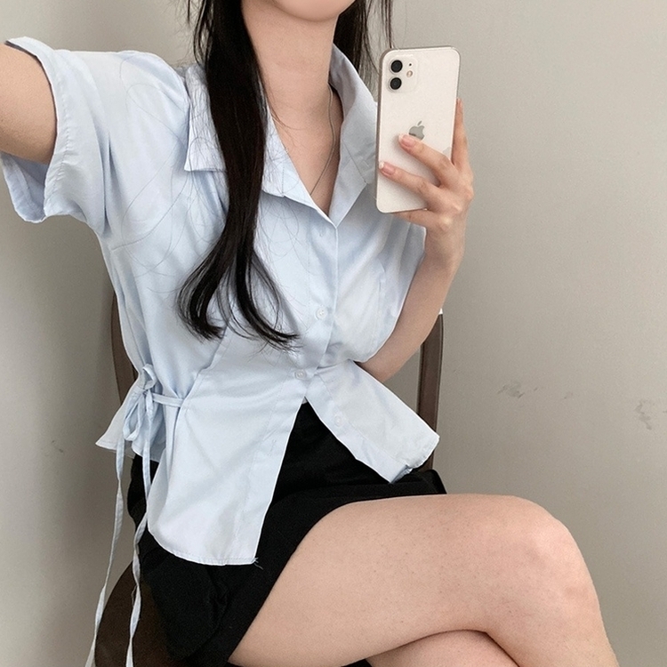 썸원 카라 옆리본 스트링 반팔 셔츠 남방 소라