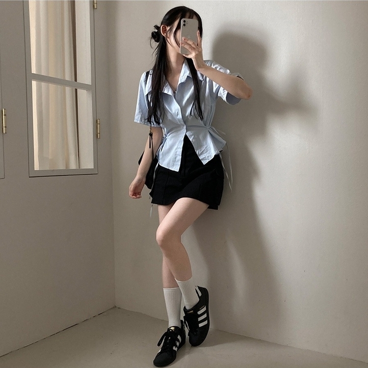 썸원 카라 옆리본 스트링 반팔 셔츠 남방 소라