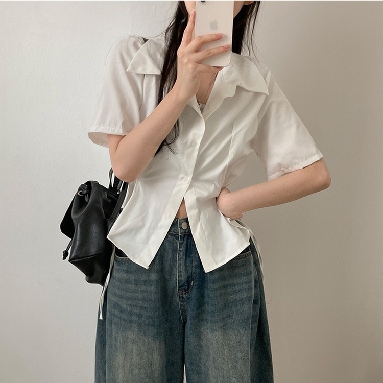 썸원 카라 옆리본 스트링 반팔 셔츠 남방 아이보리