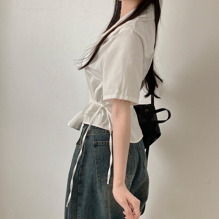썸원 카라 옆리본 스트링 반팔 셔츠 남방 아이보리