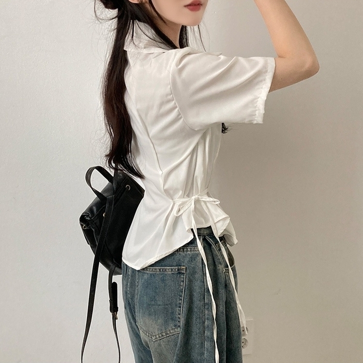 썸원 카라 옆리본 스트링 반팔 셔츠 남방 아이보리