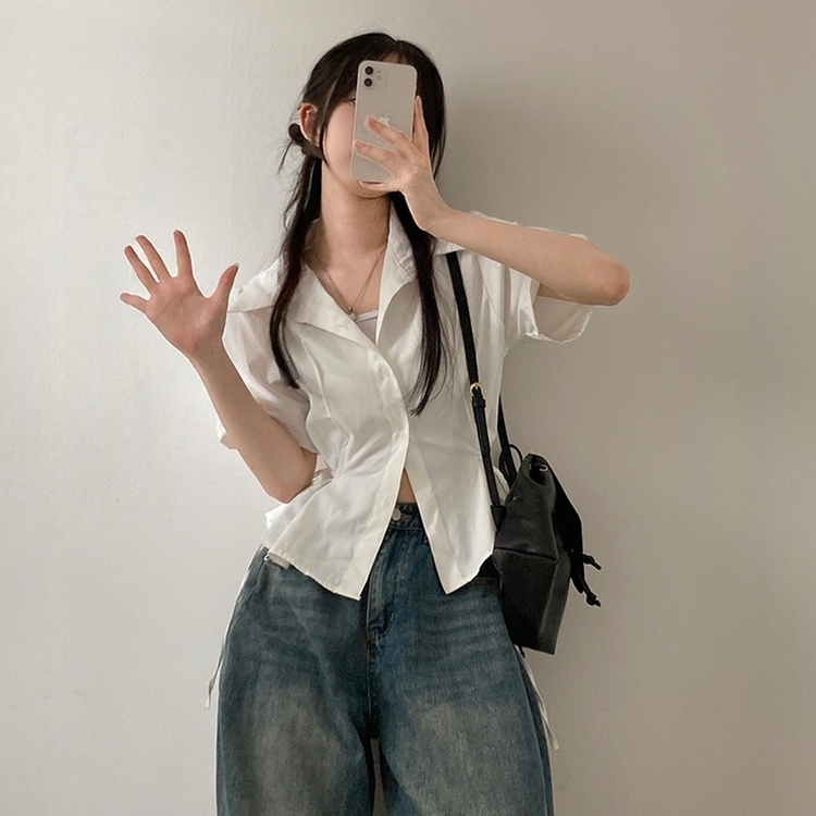 썸원 카라 옆리본 스트링 반팔 셔츠 남방 아이보리
