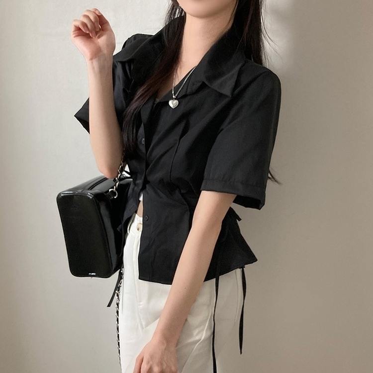 썸원 카라 옆리본 스트링 반팔 셔츠 남방 블랙