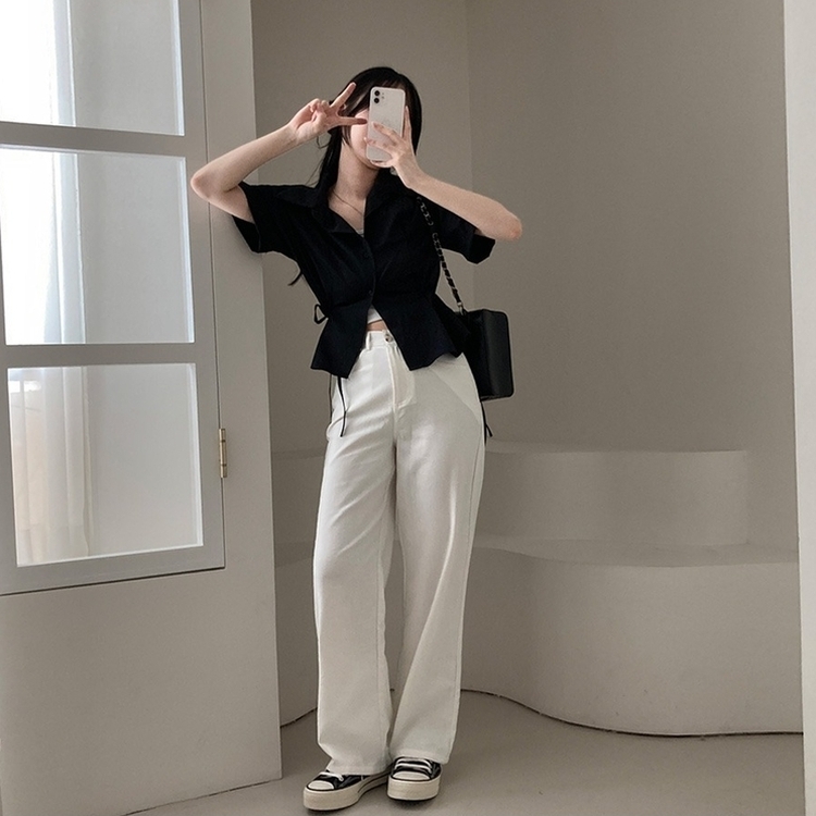 썸원 카라 옆리본 스트링 반팔 셔츠 남방 블랙