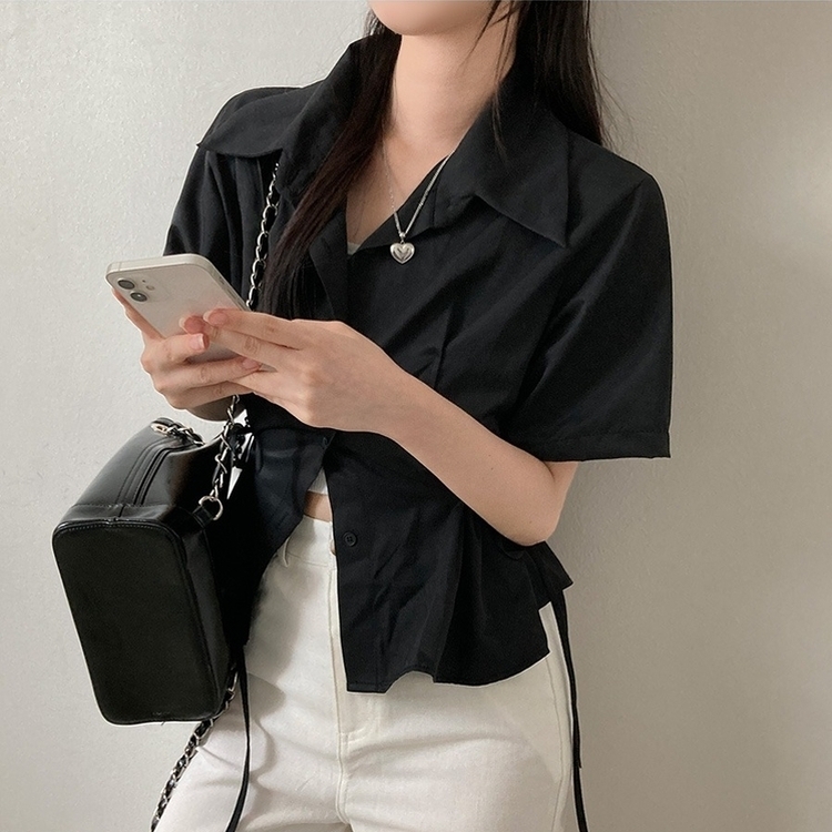 썸원 카라 옆리본 스트링 반팔 셔츠 남방 블랙