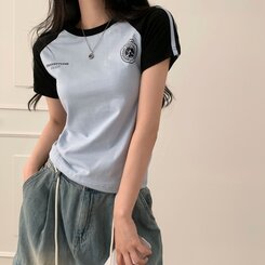 サッカーライン配色クロップ半袖Tシャツ5色