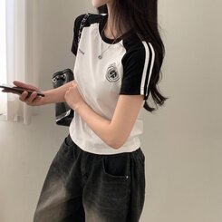 サッカーライン配色クロップ半袖Tシャツ5色