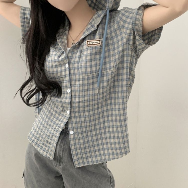 シャツ オーバーフィットパッチフード半袖チェックシャツ SKY BLUE