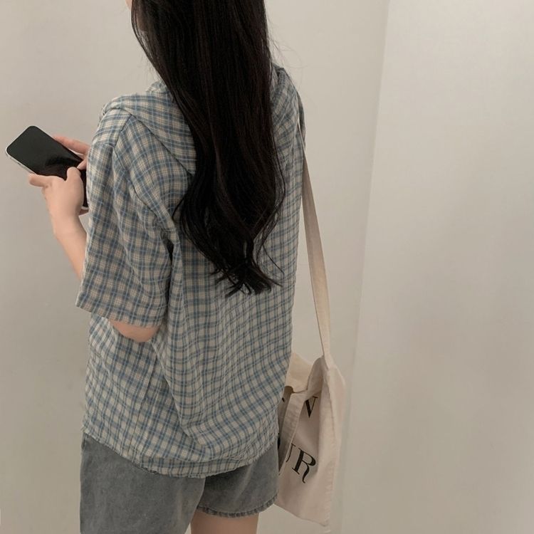 シャツ オーバーフィットパッチフード半袖チェックシャツ SKY BLUE