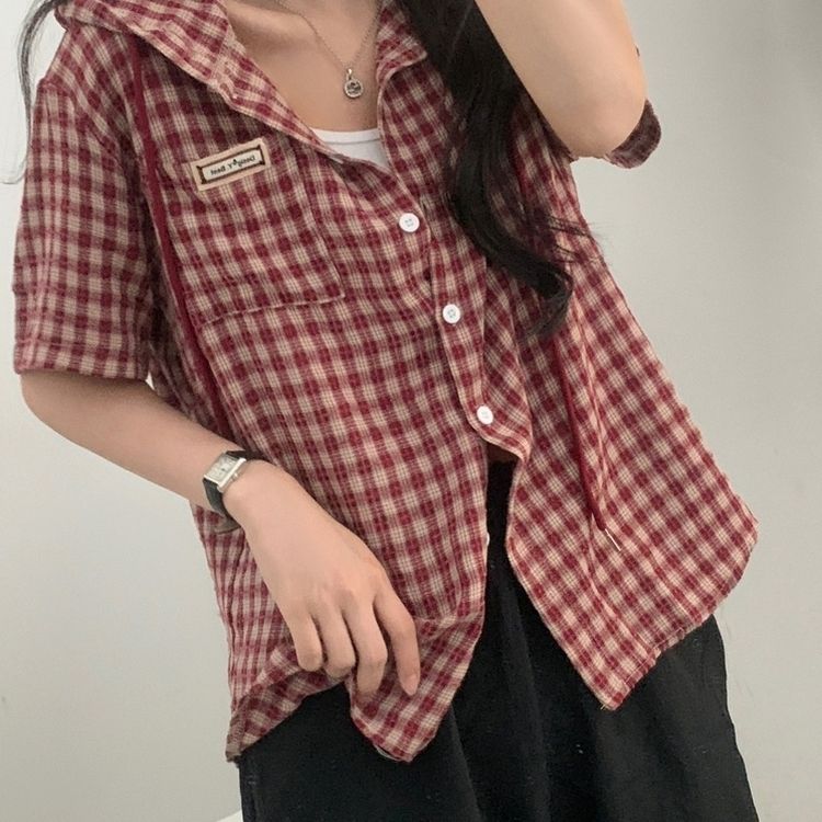 シャツ オーバーフィットパッチフード半袖チェックシャツ RED