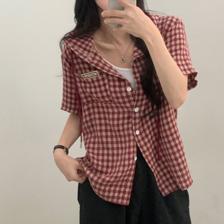 シャツ オーバーフィットパッチフード半袖チェックシャツ RED