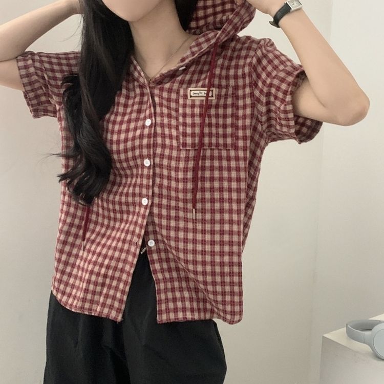 シャツ オーバーフィットパッチフード半袖チェックシャツ RED