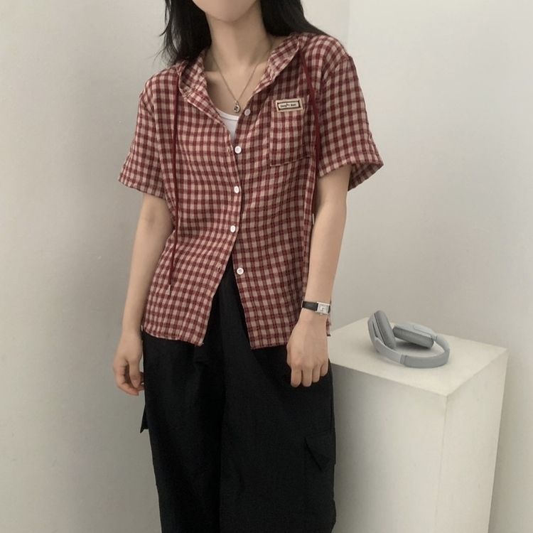 シャツ オーバーフィットパッチフード半袖チェックシャツ RED