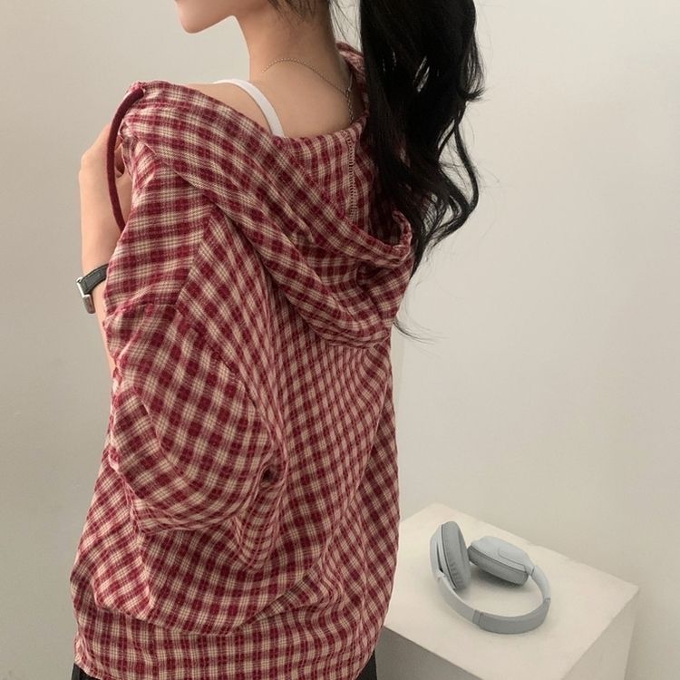 シャツ オーバーフィットパッチフード半袖チェックシャツ RED