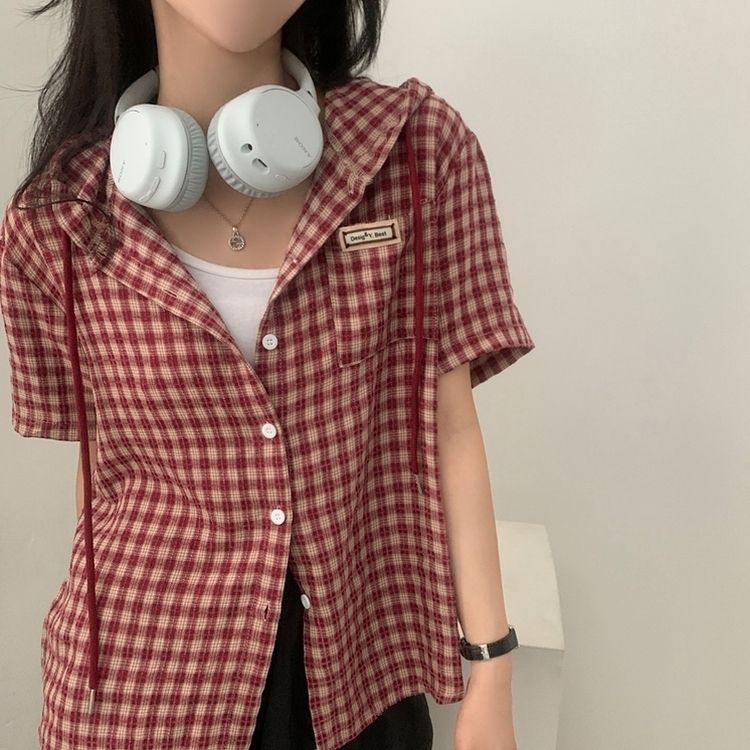 シャツ オーバーフィットパッチフード半袖チェックシャツ RED