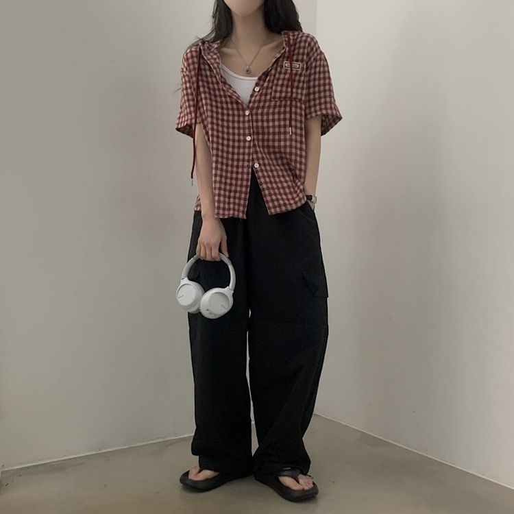 シャツ オーバーフィットパッチフード半袖チェックシャツ RED