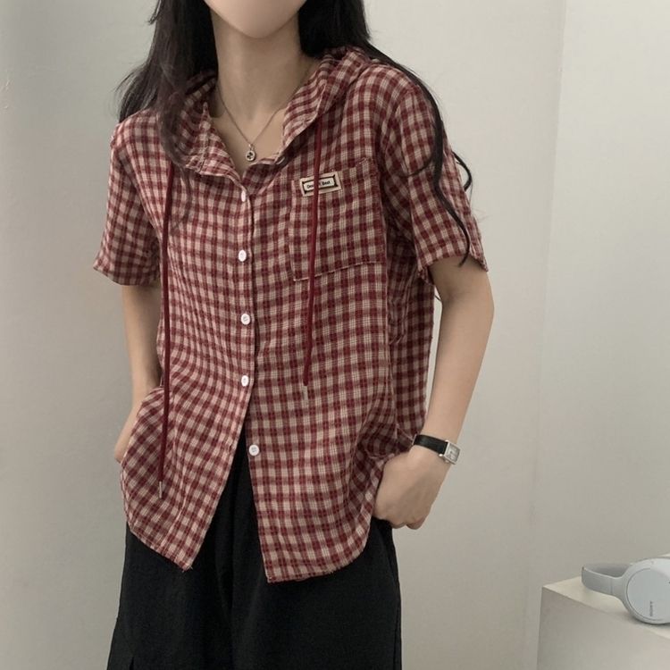 シャツ オーバーフィットパッチフード半袖チェックシャツ RED