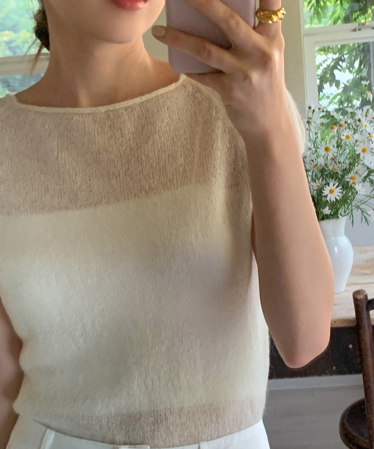 ナチュラルシースルーキャップ半袖ニット CREAM
