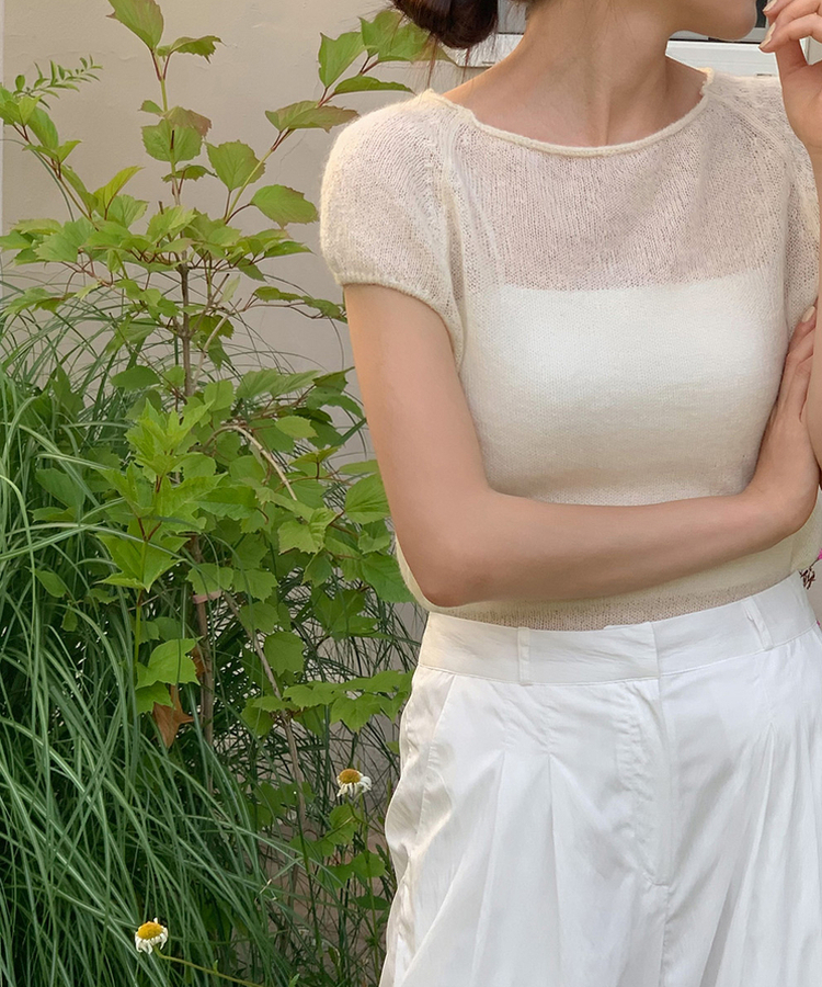 ナチュラルシースルーキャップ半袖ニット CREAM
