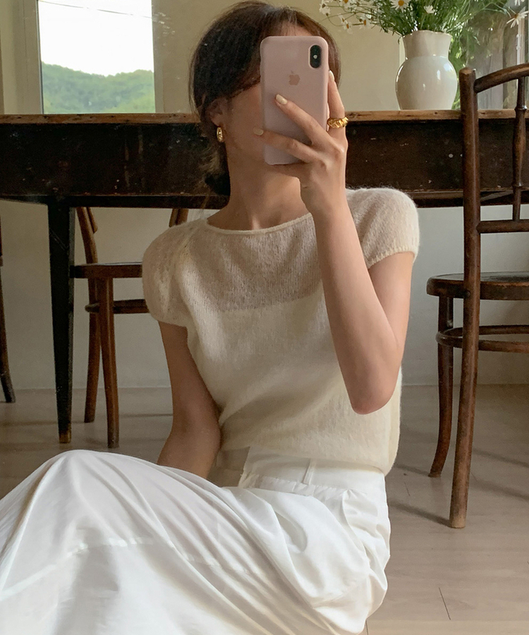 ナチュラルシースルーキャップ半袖ニット CREAM