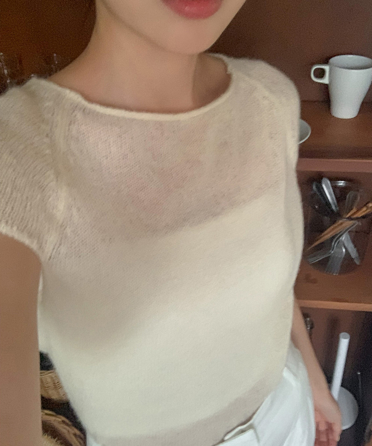 ナチュラルシースルーキャップ半袖ニット CREAM