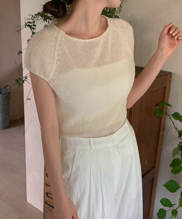 ナチュラルシースルーキャップ半袖ニット CREAM