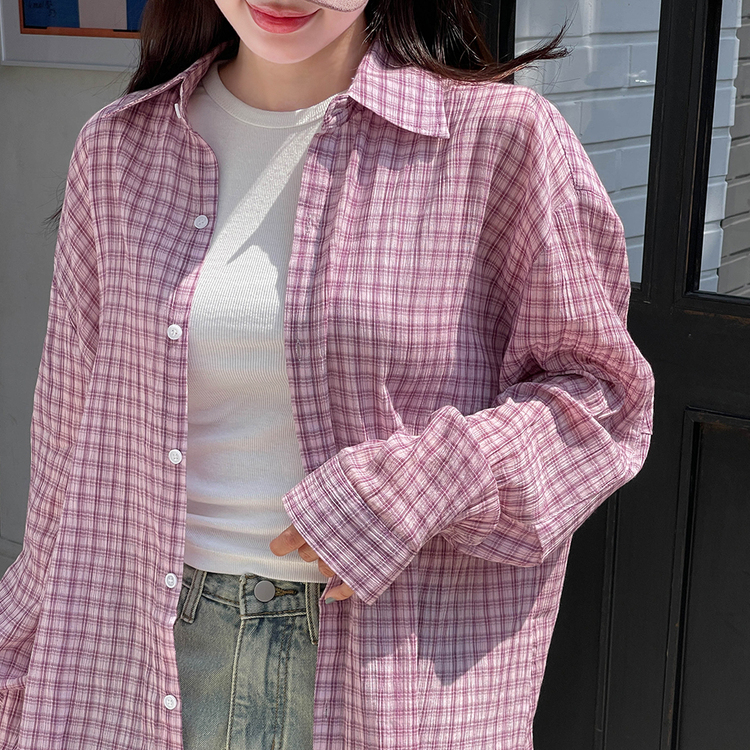 (여름셔츠) 시어서커 체크 린넨 긴팔 남방 퍼플