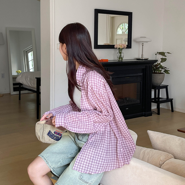 (여름셔츠) 시어서커 체크 린넨 긴팔 남방 퍼플