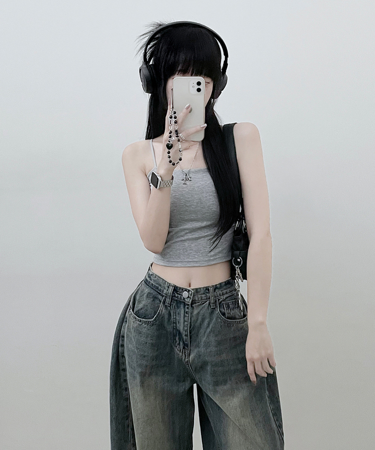 패드크롭스판옆셔링끈나시 그레이