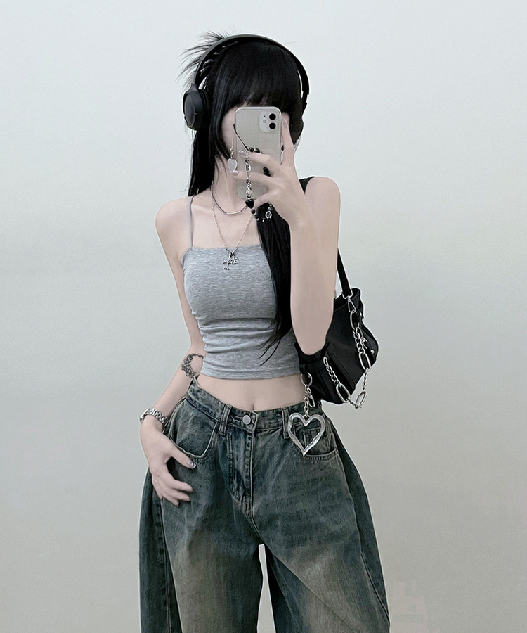 패드크롭스판옆셔링끈나시 그레이