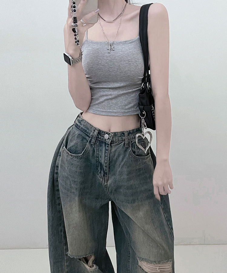 패드크롭스판옆셔링끈나시 그레이