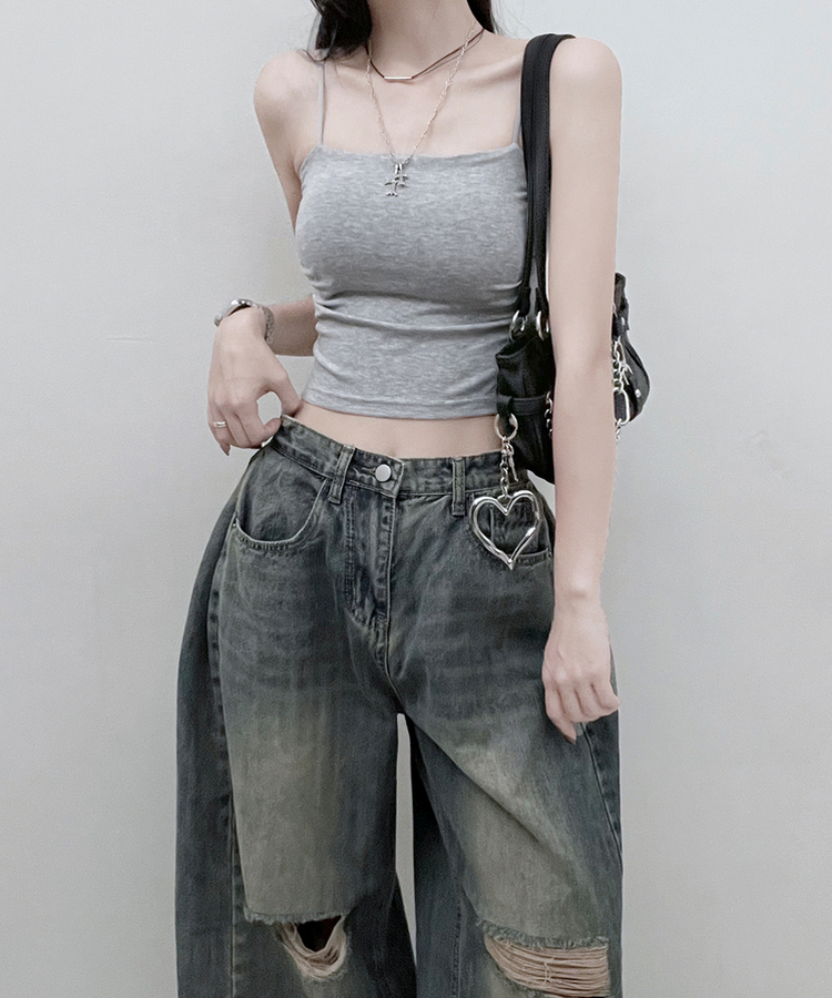 패드크롭스판옆셔링끈나시 그레이