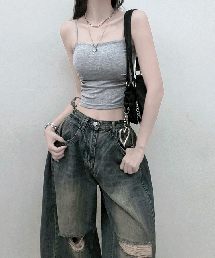 패드크롭스판옆셔링끈나시 그레이