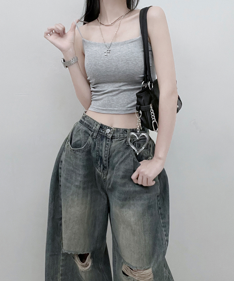 패드크롭스판옆셔링끈나시 그레이