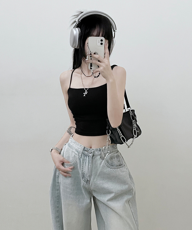 패드크롭스판옆셔링끈나시 블랙