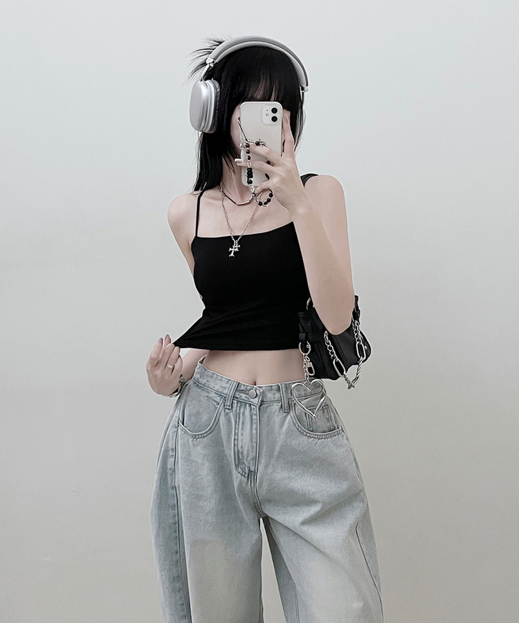 패드크롭스판옆셔링끈나시 블랙