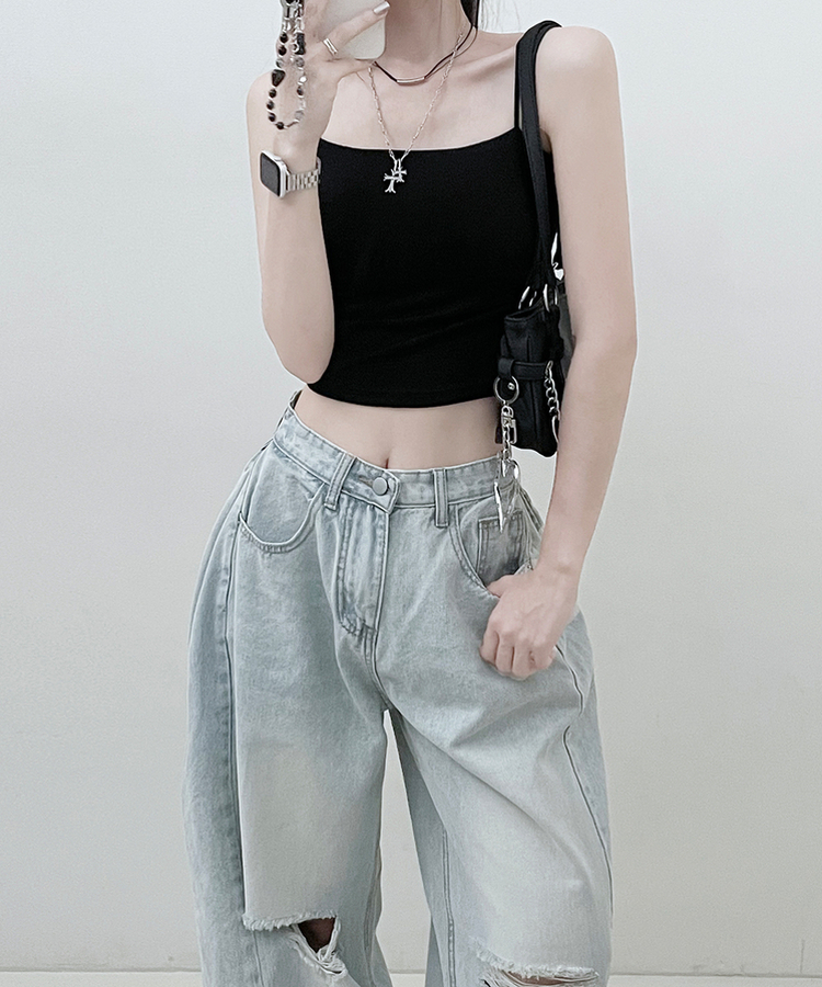 패드크롭스판옆셔링끈나시 블랙