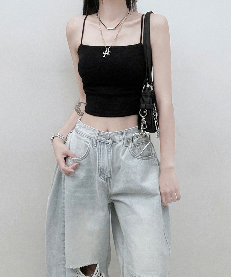 패드크롭스판옆셔링끈나시 블랙