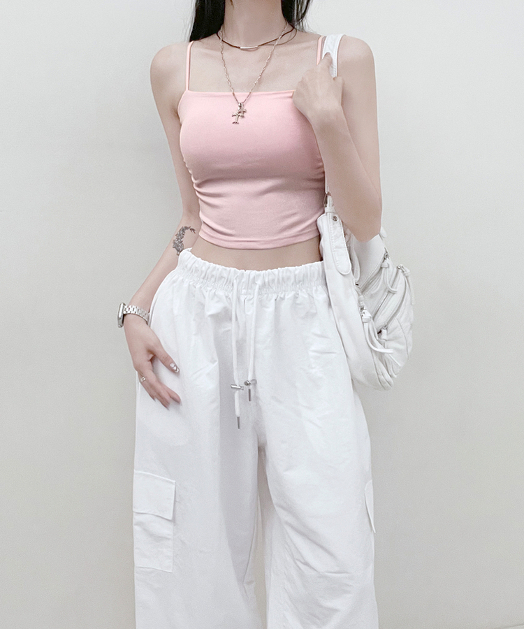 패드크롭스판옆셔링끈나시 핑크