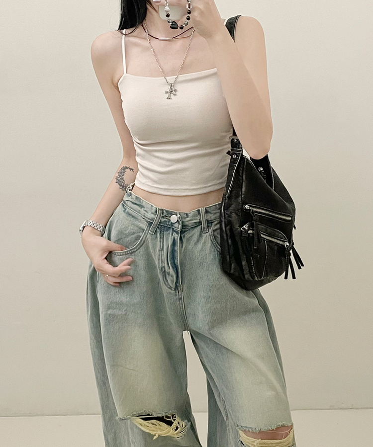 패드크롭스판옆셔링끈나시 베이지