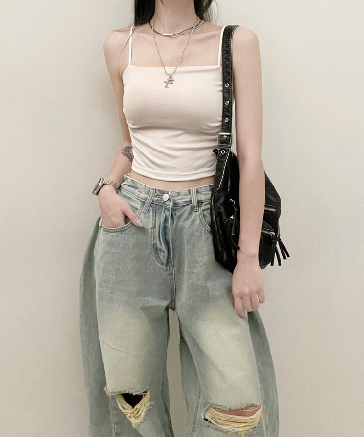 패드크롭스판옆셔링끈나시 베이지