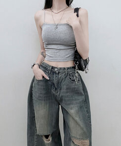 ノースリーブ 【SHORT/LONG 丈別 カップ付き】シャーリングキャミソール6色 GRAY