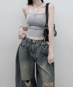 ノースリーブ 【SHORT/LONG 丈別 カップ付き】シャーリングキャミソール6色 GRAY
